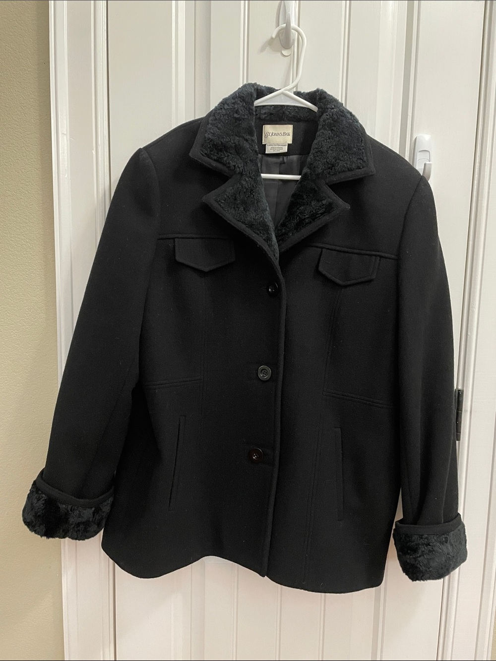 St. John's Bay Black Wool Pea Coat with Faux-Fur Trim